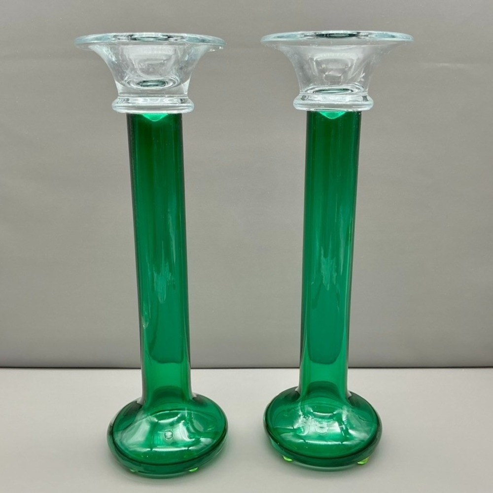 Mikasa Southport Glass Candlesticks Pair Green Clear Taper Candle Holders 11.75"